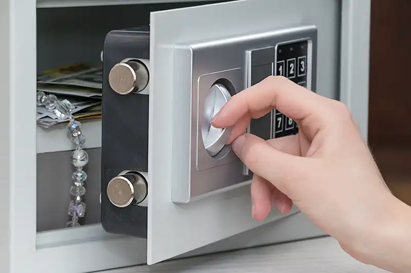 A person turning the knob of a safe containing jewelry and documents.